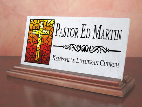Church Desk Nameplate – Custom Marble Name Sign with Stained Glass Cross for Clergy or Staff