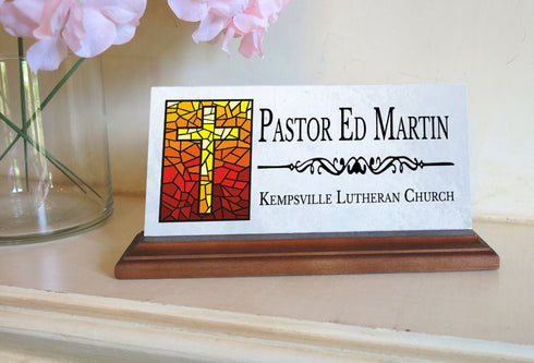 Church Desk Nameplate – Custom Marble Name Sign with Stained Glass Cross for Clergy or Staff