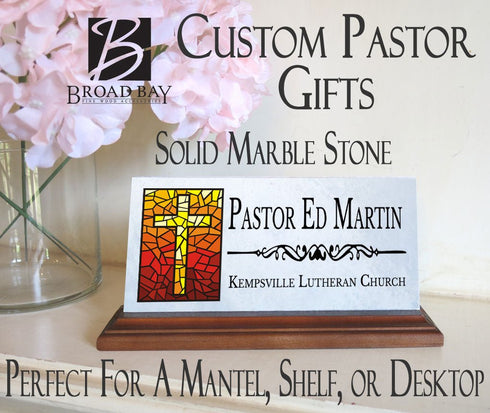 Church Desk Nameplate – Custom Marble Name Sign with Stained Glass Cross for Clergy or Staff