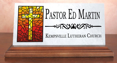 Church Desk Nameplate – Custom Marble Name Sign with Stained Glass Cross for Clergy or Staff