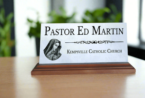Religious Desk Nameplate – Custom Marble Sign for Pastor, Priest, or Church Staff with Virgin Mary Icon