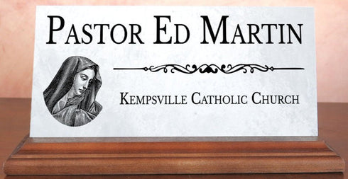 Religious Desk Nameplate – Custom Marble Sign for Pastor, Priest, or Church Staff with Virgin Mary Icon
