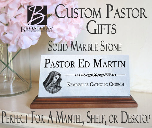 Religious Desk Nameplate – Custom Marble Sign for Pastor, Priest, or Church Staff with Virgin Mary Icon