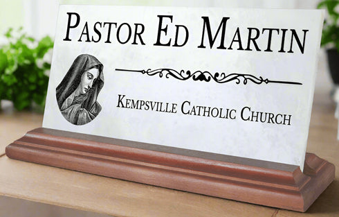 Religious Desk Nameplate – Custom Marble Sign for Pastor, Priest, or Church Staff with Virgin Mary Icon