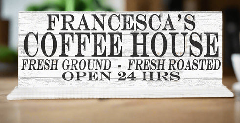 Coffee House Open 24 Hours Sign - Personalized Custom Name Coffee Bar Solid Wood