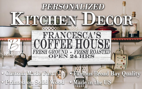 Coffee House Open 24 Hours Sign - Personalized Custom Name Coffee Bar Solid Wood