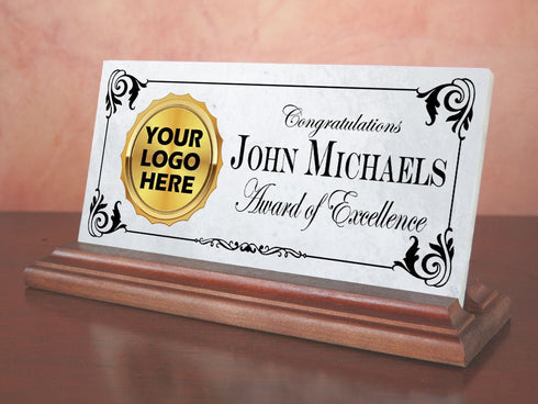 Custom Logo Award Plaque – Personalized Marble Desk Sign for Employee Recognition