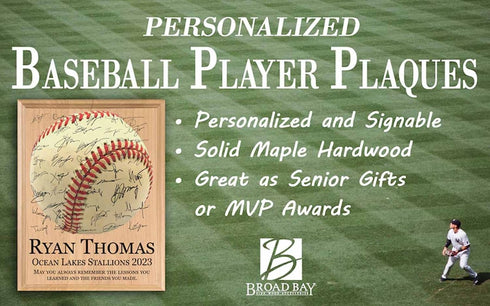 Baseball Award Plaque – Recognition Trophy for Players, Seniors & Team Coaches - Custom Signable Gift - Solid Wood