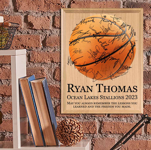 Basketball Award Plaque – Recognition Trophy for Players, Seniors & Team Coaches - Custom Signable Gift - Solid Wood