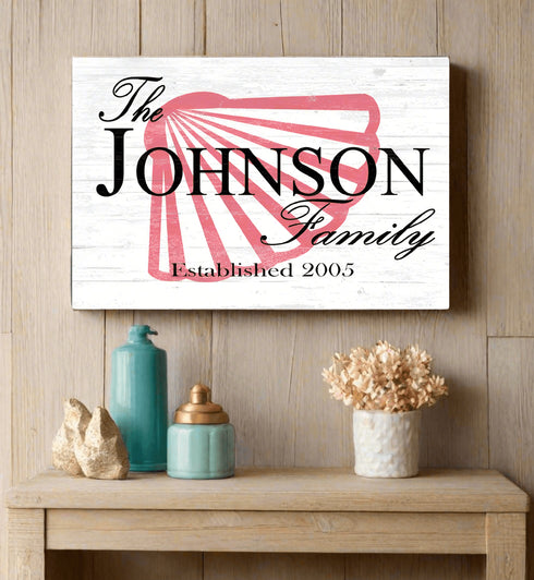 Custom Beach House Sign with Name & Established Date - Solid Wood - Shell Design