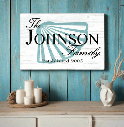 Custom Beach House Sign with Name & Established Date - Solid Wood - Shell Design