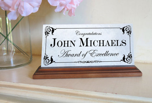 Award of Excellence Plaque – Personalized Marble Desk Sign for Employee Recognition
