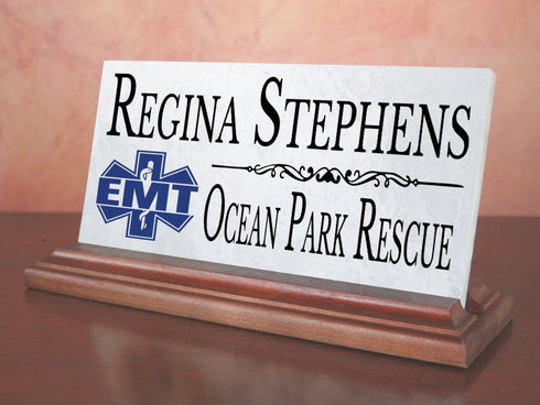 Personalized EMT Desk Nameplate – Custom Marble Plaque with Name & Department