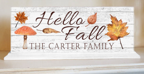 Hello Fall Shelf Sign – Personalized Autumn Decor With Family Name