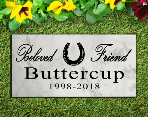 Horse Memorial Garden Plaque – Personalized Marble Tribute With Horseshoe & Name