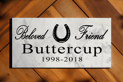 Horse Memorial Garden Plaque – Personalized Marble Tribute With Horseshoe & Name