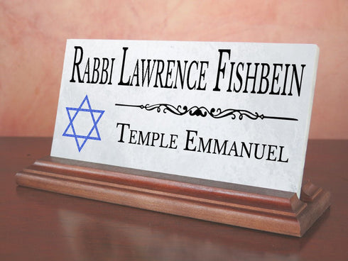 Jewish Desk Nameplate – Personalized Marble Name Sign with Blue Star of David for Synagogue or Rabbi Etc.