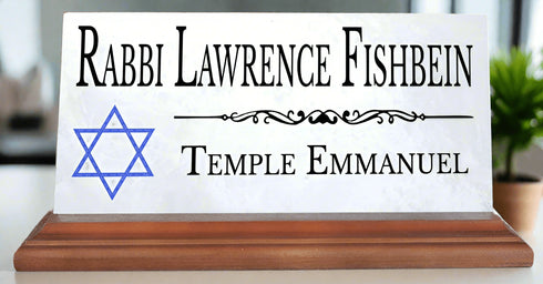 Jewish Desk Nameplate – Personalized Marble Name Sign with Blue Star of David for Synagogue or Rabbi Etc.