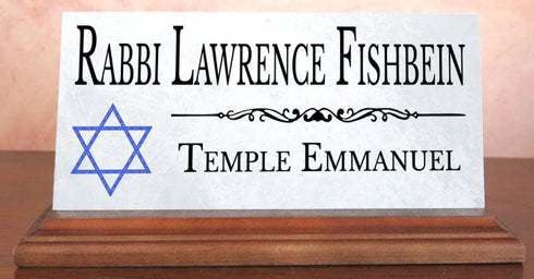 Jewish Desk Nameplate – Personalized Marble Name Sign with Blue Star of David for Synagogue or Rabbi Etc.