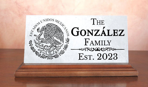 Family Name Desk Plaque – Custom Marble “Est. Year” Sign With Mexican Coat of Arms