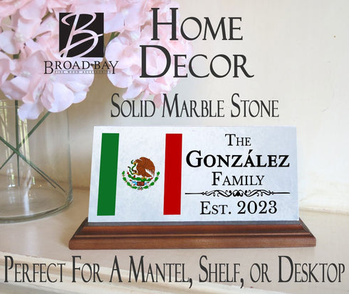 Custom Mexican Flag Family Name Plaque – Personalized Marble Desk Sign With Est. Year