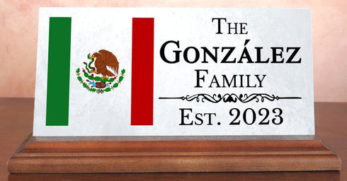 Custom Mexican Flag Family Name Plaque – Personalized Marble Desk Sign With Est. Year