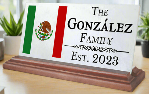 Custom Mexican Flag Family Name Plaque – Personalized Marble Desk Sign With Est. Year