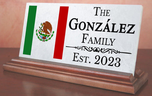 Custom Mexican Flag Family Name Plaque – Personalized Marble Desk Sign With Est. Year