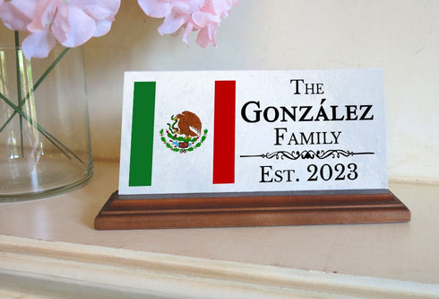 Custom Mexican Flag Family Name Plaque – Personalized Marble Desk Sign With Est. Year