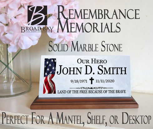 Military Memorial Desk Plaque – Personalized Marble Tribute With Name, Dates & Flag