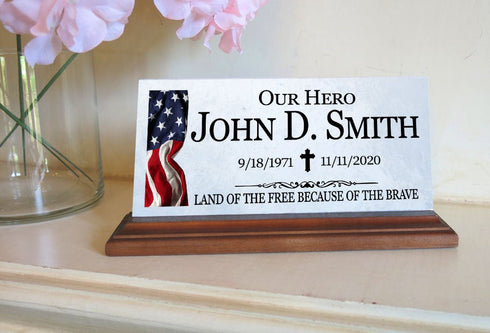 Military Memorial Desk Plaque – Personalized Marble Tribute With Name, Dates & Flag