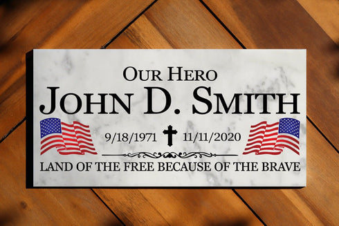 Military Memorial Garden Plaque – Personalized Marble Tribute With Flags & Dates