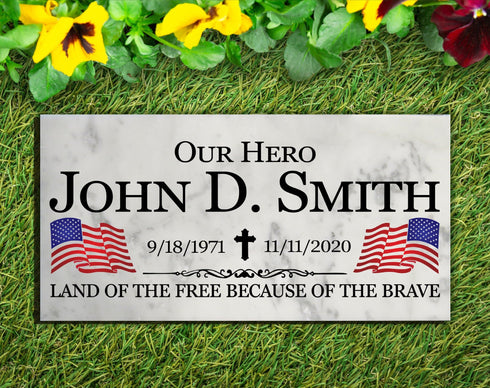 Military Memorial Garden Plaque – Personalized Marble Tribute With Flags & Dates