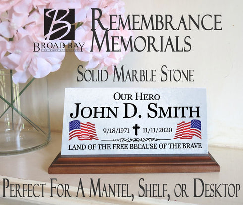 Military Hero Memorial Desk Plaque – Personalized Marble Tribute With Dual Flags