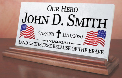 Military Hero Memorial Desk Plaque – Personalized Marble Tribute With Dual Flags