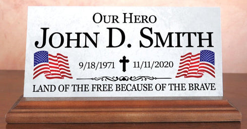 Military Hero Memorial Desk Plaque – Personalized Marble Tribute With Dual Flags