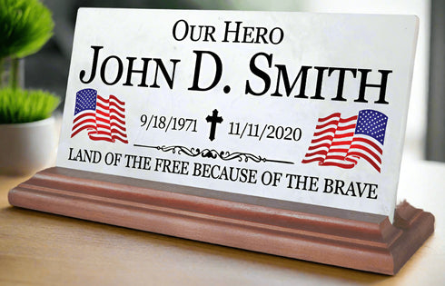 Military Hero Memorial Desk Plaque – Personalized Marble Tribute With Dual Flags