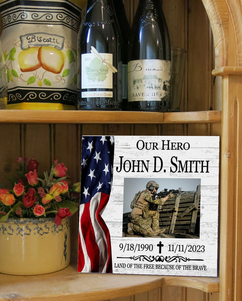 Memorial Military Hero Plaque – Personalized 10.5" x 10.5" Photo Tribute With Name and Dates