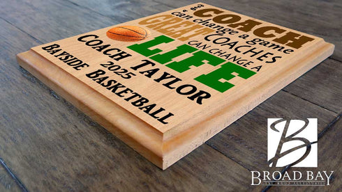 Custom Basketball Coach Gift β Personalized Wood Plaque with Name & Year β βGreat Coaches Change Livesβ β Solid Wood β USA Made β 11x8.5