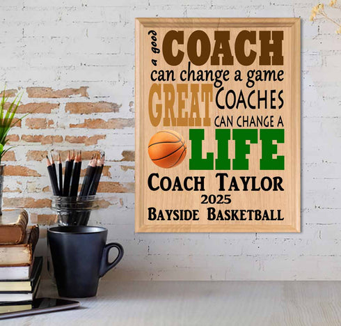 Custom Basketball Coach Gift β Personalized Wood Plaque with Name & Year β βGreat Coaches Change Livesβ β Solid Wood β USA Made β 11x8.5