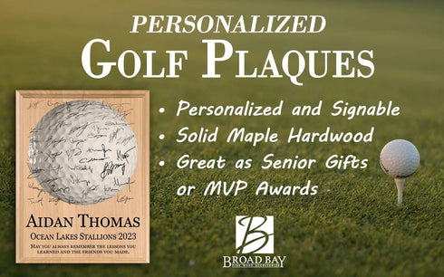 Golf Award Plaque – Recognition Trophy for Players, Seniors & Team Coaches - Custom Signable Gift - Solid Wood