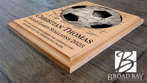 Soccer Award Plaque – Recognition Trophy for Players, Seniors & Team Coaches - Custom Signable Gift - Solid Wood