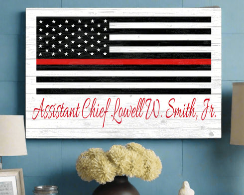 Personalized Thin Red Line Flag Sign – Custom Firefighter Name Wall Art | Fire Department Gift Solid Wood