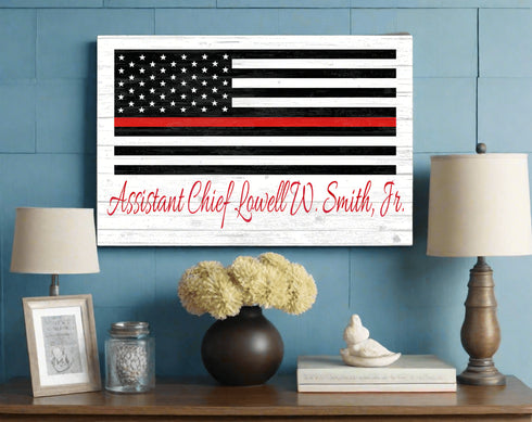 Personalized Thin Red Line Flag Sign – Custom Firefighter Name Wall Art | Fire Department Gift Solid Wood