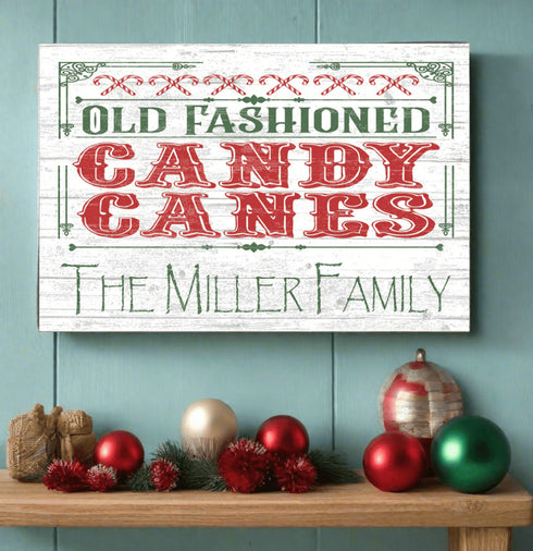 Personalized Vintage Candy Cane Christmas Sign - Custom Family Name Holiday Decoration