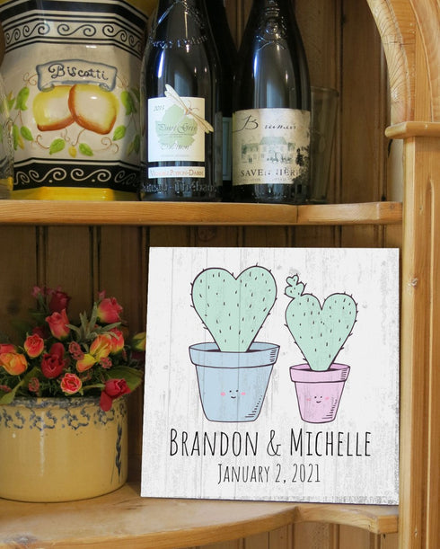 Personalized Wedding Anniversary Sign With Dates And Names Cute Custom Couples Cactus Gift- 10.5in x 10.5in�