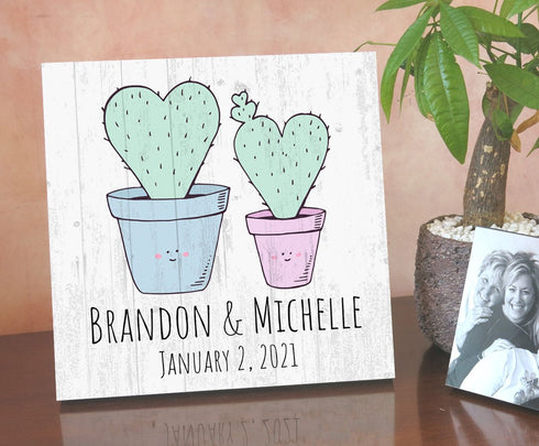 Personalized Wedding Anniversary Sign With Dates And Names Cute Custom Couples Cactus Gift- 10.5in x 10.5in�