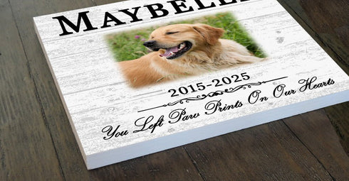 Pet Memorial Photo Plaque – “Paw Prints On Our Hearts” Custom Sign