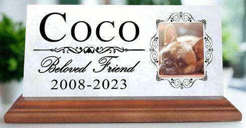 Pet Memorial Plaque With Picture for Shelf or Mantel - Solid Marble - 4" x 8"