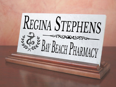 Pharmacy Desk Nameplate – Personalized Marble Name Sign for Pharmacists & Technicians